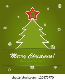 vector illustration of  christmas tree with a red star on green background with snowflakes.