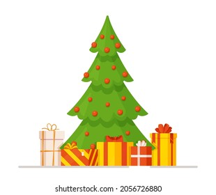 Vector illustration of a Christmas tree with red ornaments and gifts on top of it. Winter card or envelope.