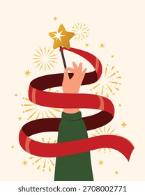 ilustração vetorial da árvore de Natal com fita vermelha. Feliz Natal e Feliz Ano Novo banner, cartão de felicitações, cartaz, design de férias.