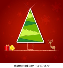 vector illustration of Christmas tree with reindeer and gift