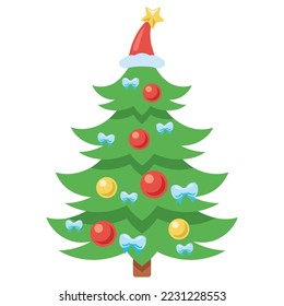 Vector illustration of Christmas tree with Santa Claus hat and bulbs