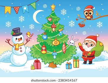 Ilustración vectorial con árbol de Navidad, Santa Claus, muñeco de nieve y regalos sobre el fondo del bosque invernal. Tarjeta de saludo para Feliz Navidad y Feliz Año Nuevo en un estilo de caricatura.