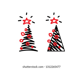 Vector illustration, Christmas tree set. Hand drawn line sketched style. Isolated, on white background. Applicable as decorative element for interior designs, greeting postcards, posters, flyers etc.
