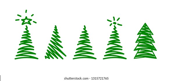 Vector illustration, Christmas tree set. Hand drawn line sketched style. Isolated, on white background. Applicable as decorative element for interior designs, greeting postcards, posters, flyers etc.