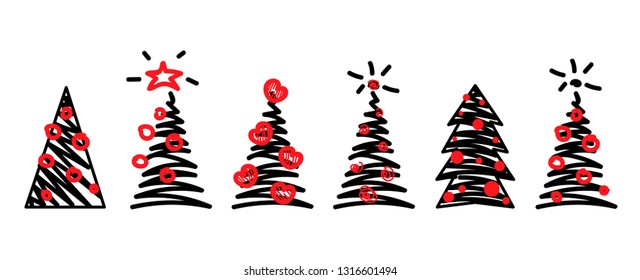 Vector illustration, Christmas tree set. Hand drawn line sketched style. Isolated, on white background. Applicable as decorative element for interior designs, greeting postcards, posters, flyers etc.