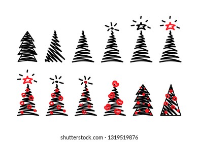 Vector illustration, Christmas tree set. Hand drawn line sketched style. Isolated, on white background. Applicable as decorative element for interior designs, greeting postcards, posters, flyers etc.