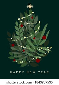 Vektorgrafik mit Weihnachtsbaum und glänzenden Dekorationen. Frohes neues Jahr Feiern.Kombination verschiedener Blätter in einer Form von Weihnachtsbaum. Schlaue Kette von Weihnachtslichtern auf einem Baum