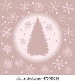 Vector illustration of Christmas tree silhouette with snowflakes on a colored background in gentle tones. 