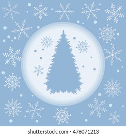 Vector illustration of Christmas tree silhouette with snowflakes on a colored background in gentle tones. 
