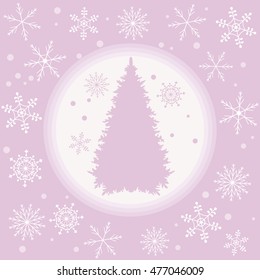 Vector illustration of Christmas tree silhouette with snowflakes on a colored background in gentle tones. 