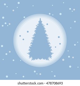 Vector illustration of Christmas tree silhouette with snowflakes on a colored background in gentle tones. 