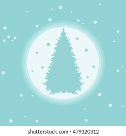 Vector illustration of Christmas tree silhouette with snowflakes on a colored background in gentle tones. 