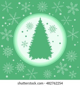 Vector illustration of Christmas tree silhouette with snowflakes on a colored background in gentle tones. 