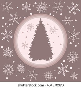 Vector illustration of Christmas tree silhouette with snowflakes on a colored background in gentle tones. 