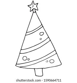 Vector illustration of christmas tree single element. Black outlines isolated on white background. Doodle style. Christmas motifs. Decoration for greeting cards, gifts, wrapping paper etc.