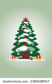 Vektorgrafik eines Weihnachtsbaums mit Schnee, Lichtern und Geschenken.
