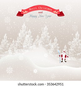 Vector illustration of Christmas tree in the snow and snowflakes, Santa Claus with staff Christmas holiday card.