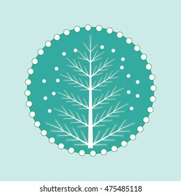 Vector illustration of Christmas tree with snowflakes on a colored circle background.
