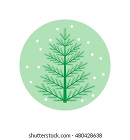 Vector illustration of Christmas tree with snowflakes on a colored circle background.