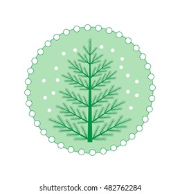 Vector illustration of Christmas tree with snowflakes on a colored circle background.