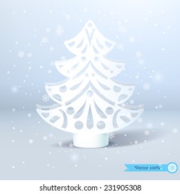 Vector illustration. Christmas tree and snowing. Imitation volume paper art. New Year's designs. Realistic shadows.