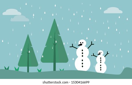 Vector illustration christmas tree and snowman outdoor.