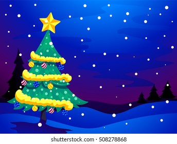 Vector Illustration of Christmas Tree Snowy Evening Background