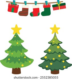 Vektorgrafik mit Weihnachtsbaum, Socken und Geschenkbox