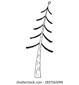 Vector illustration. Christmas tree with star isolated on white. Holiday Сhristmas decoration design element. Hand drawn pine doodle clipart. For new year banner, cards, wrapping, fabric, textile.