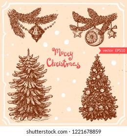 Vector illustration of christmas tree with star,balls,text Merry Christmas on background with abstract paper texture. Christmas tree branch,tree sketch.Linear art in vintage style for your design.