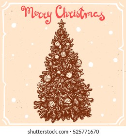 Vector illustration of christmas tree with star,balls,text Merry Christmas on the background with abstract paper texture,retro frame.Letters,tree sketch.Linear art in vintage style for your design.