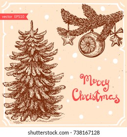 Vector illustration of christmas tree with star,balls,text Merry Christmas on the background with abstract paper texture,retro frame.Letters,tree sketch.Linear art in vintage style for your design.