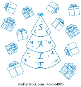 Vector illustration of Christmas tree with text sale and collection of presents and gift boxes. Design element for postcard, invitation, banner or flyer.