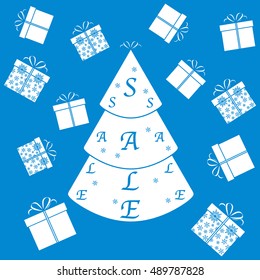 Vector illustration of Christmas tree with text sale and collection of presents and gift boxes. Design element for postcard, invitation, banner or flyer.