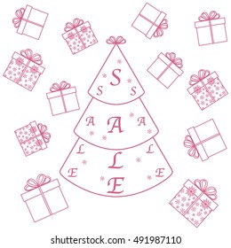 Vector illustration of Christmas tree with text sale and collection of presents and gift boxes. Design element for postcard, invitation, banner or flyer.