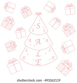 Vector illustration of Christmas tree with text sale and collection of presents and gift boxes. Design element for postcard, invitation, banner or flyer.
