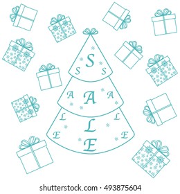 Vector illustration of Christmas tree with text sale and collection of presents and gift boxes. Design element for postcard, invitation, banner or flyer.