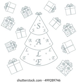 Vector illustration of Christmas tree with text sale and collection of presents and gift boxes. Design element for postcard, invitation, banner or flyer.