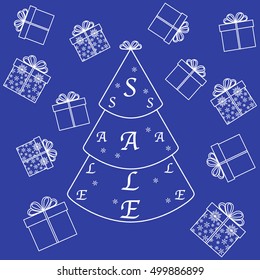 Vector illustration of Christmas tree with text sale and collection of presents and gift boxes. Design element for postcard, invitation, banner or flyer.