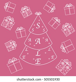 Vector illustration of Christmas tree with text sale and collection of presents and gift boxes. Design element for postcard, invitation, banner or flyer.