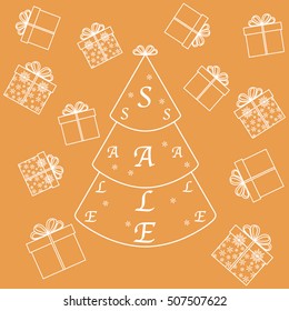 Vector illustration of Christmas tree with text sale and collection of presents and gift boxes. Design element for postcard, invitation, banner or flyer.