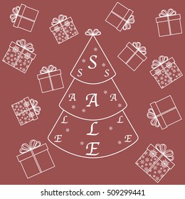 Vector illustration of Christmas tree with text sale and collection of presents and gift boxes. Design element for postcard, invitation, banner or flyer.