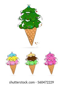Vector illustration of Christmas tree that have shape of ice cream in different colors