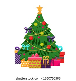 Vector illustration. Christmas tree. there are several different boxes with gifts under the tree.