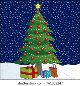 Vector illustration of a Christmas tree with three gifts under it, surrounded by snow.