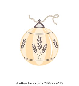 Vector illustration of Christmas tree toy. Isolated glass decorated with plant pattern, spikelets, leaves decorative design element. Christmas trinkets and decorations.