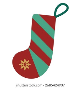 Vektorgrafik eines Weihnachtsbaumspielzeugs in Form einer Socke auf weißem, isoliertem Hintergrund im flachen Retro-Stil. Weihnachtsschmuck.