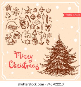 Vector illustration of christmas tree with toys,text Merry Christmas on background with abstract paper texture. toy decorations. Linear art in vintage style for your design.