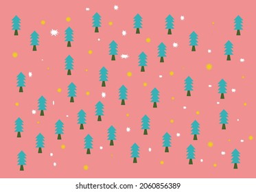 Ilustración vectorial del árbol de Navidad con estrellas blancas y amarillas en fondo rosado.