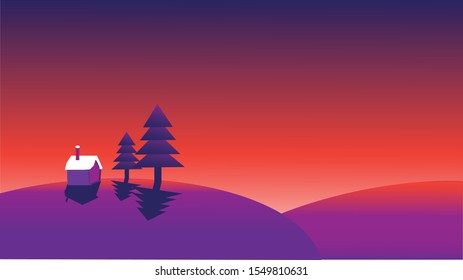 Vector illustration of a Christmas tree in the winter with the shadow of the mountains And the sun